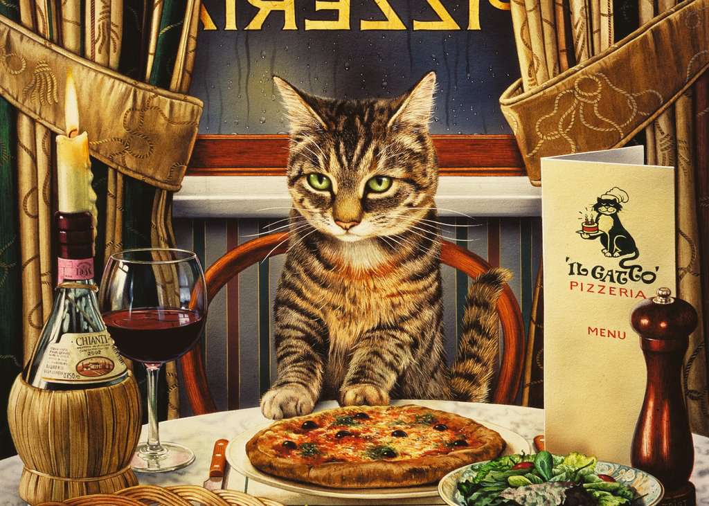 the puzzle art showing a cat at an italian table and a pizza