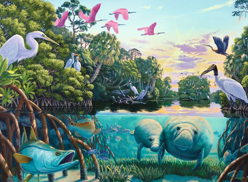 Puzzle art of manatees swimming in tropical scene