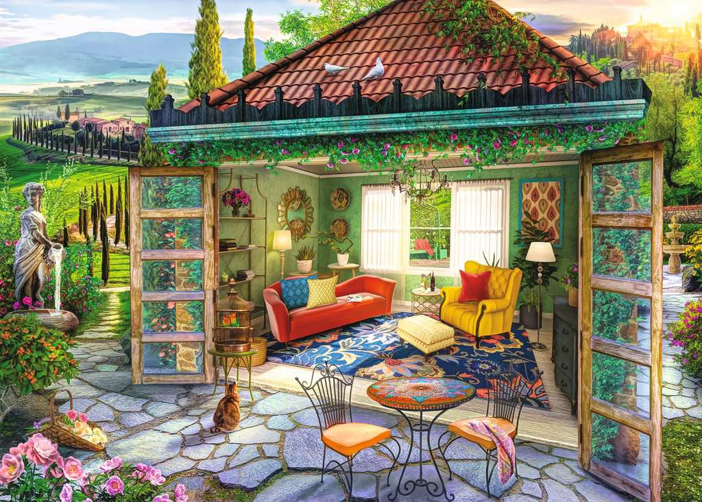 puzzle art of tuscan oasis cottage scene