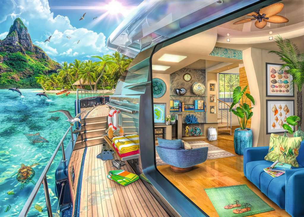 puzzle art showing tropical scene on boat