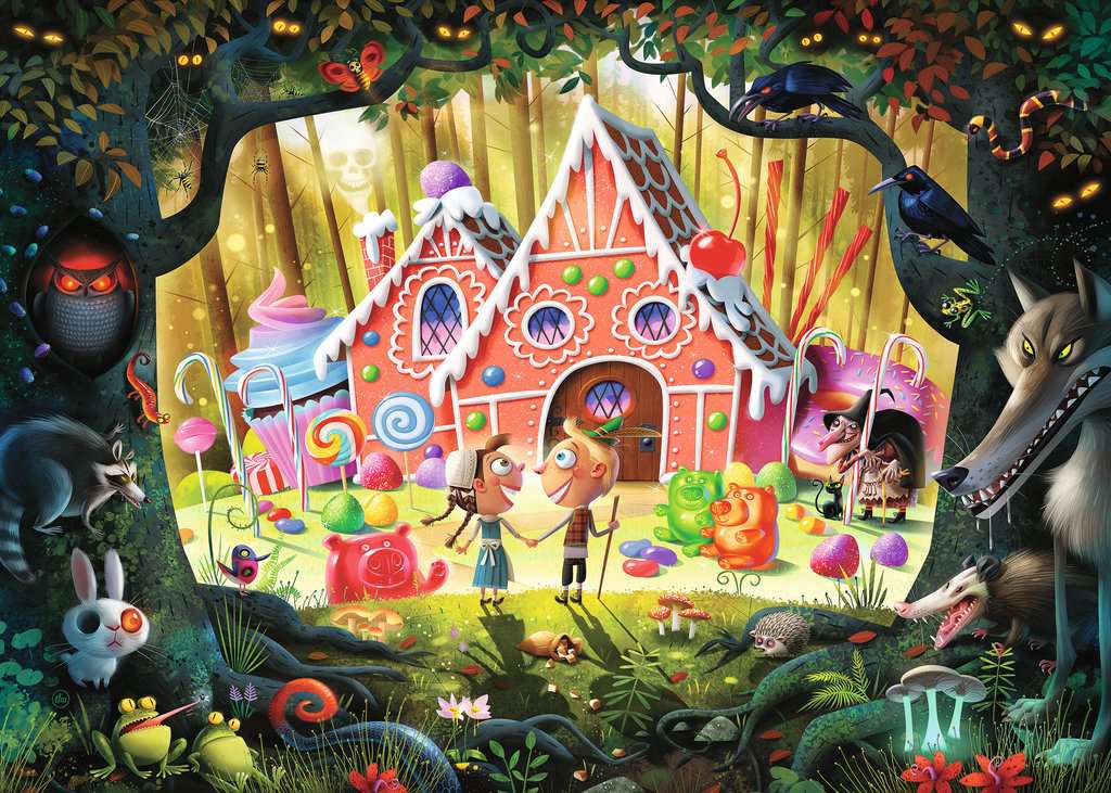 puzzle art showing Hansel and Gretel and gingerbread house scene