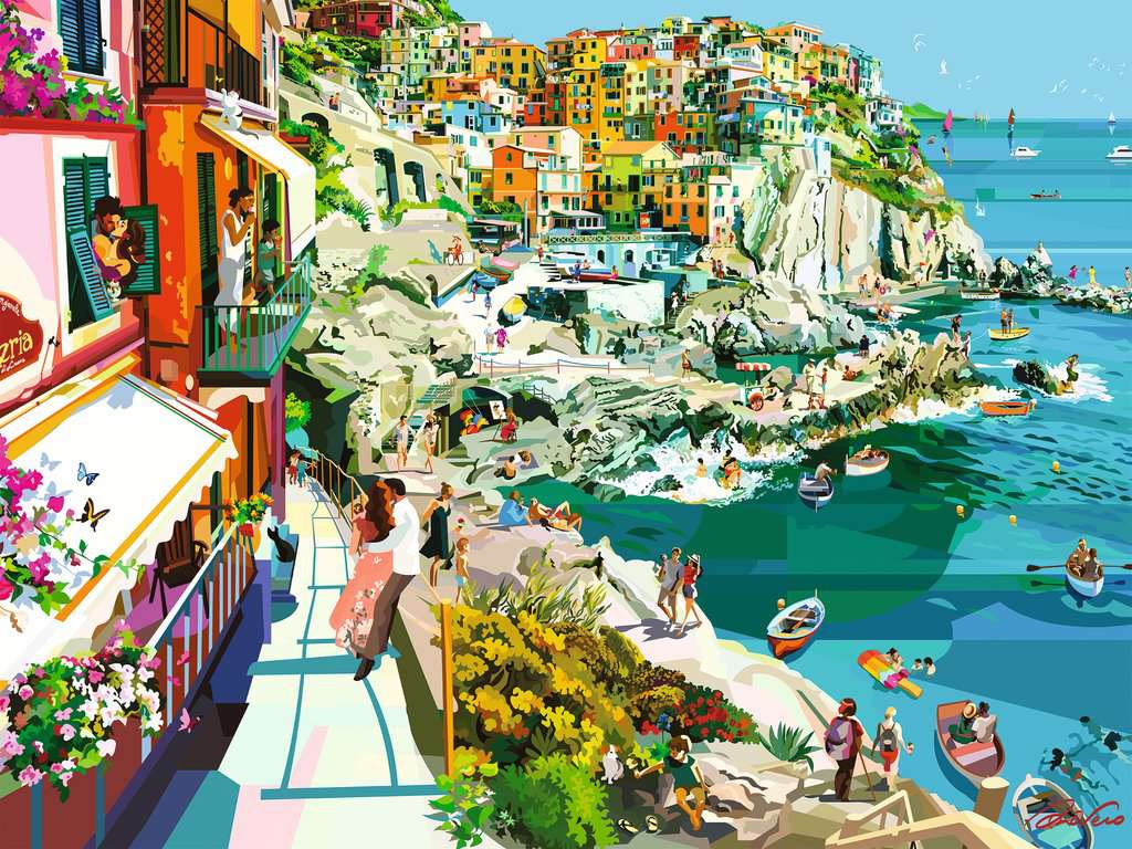 puzzle art showing Italian riviera scene