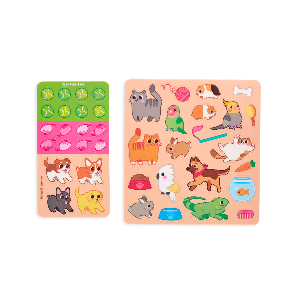 two sets of stickers with guinea pigs, birds, cats, and other house pets