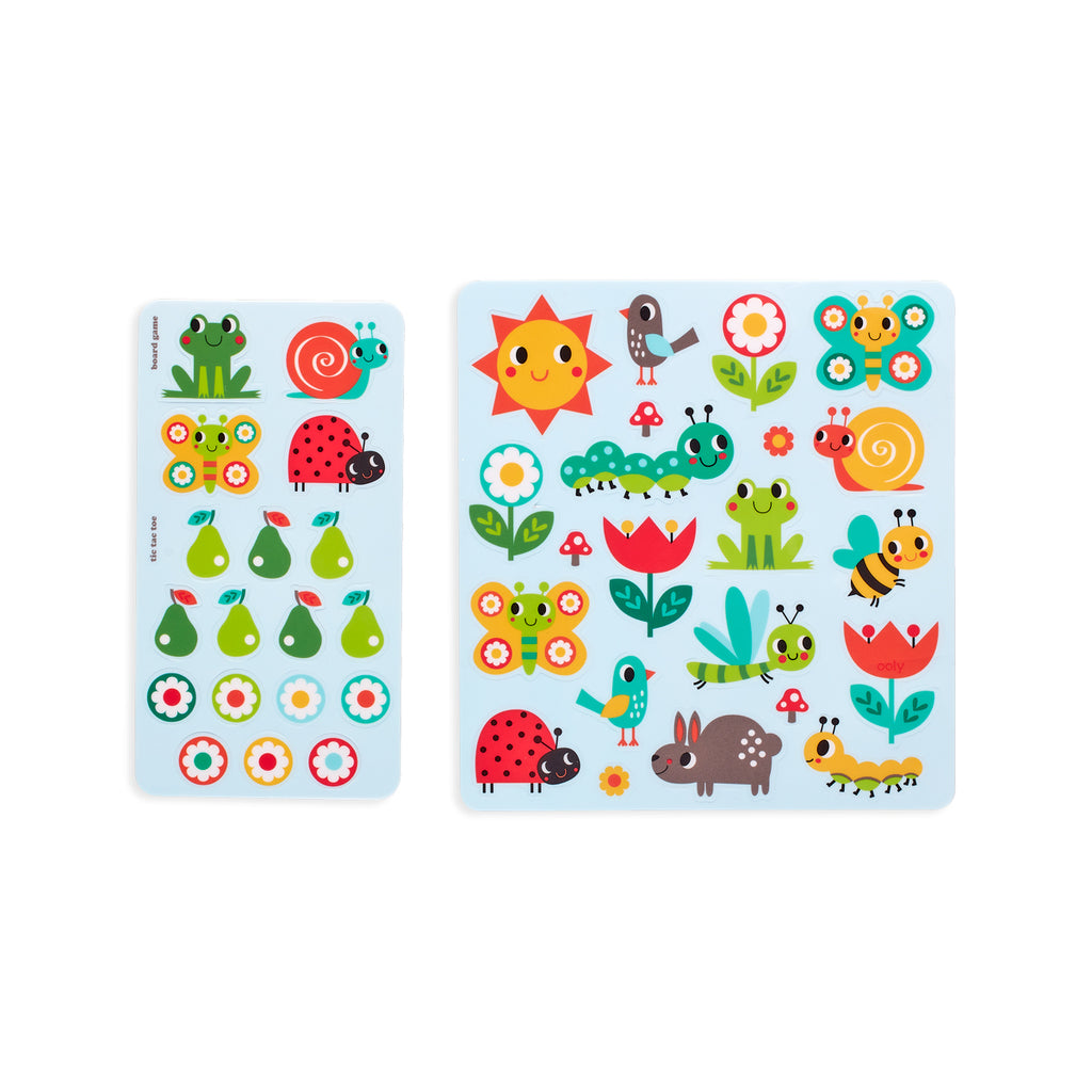 two sets of stickers with a sun, bugs, animals, fruit and flowers