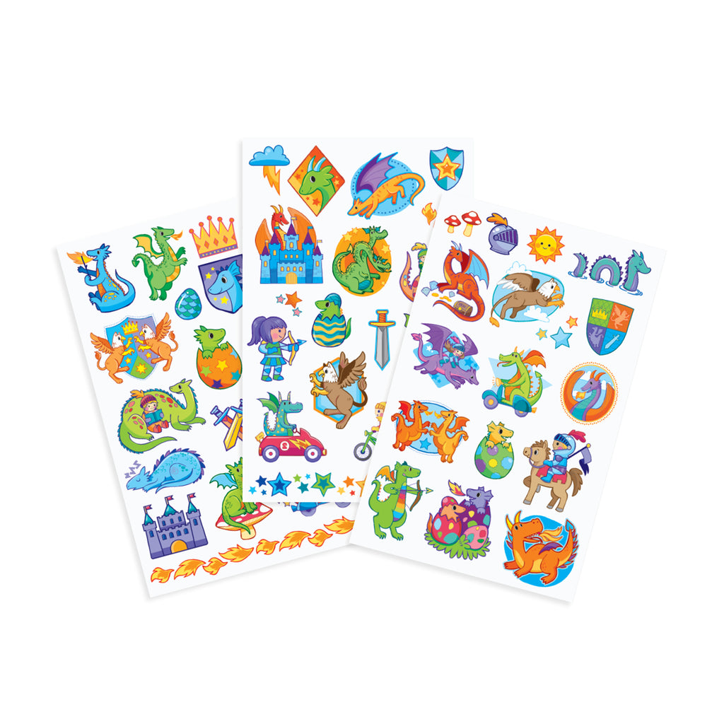 three sheets featuring temporary tattoos of various dragons, castles, knights and more