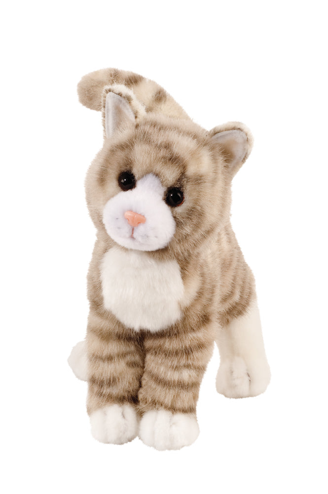 a light brown striped tabby cat stuffed toy