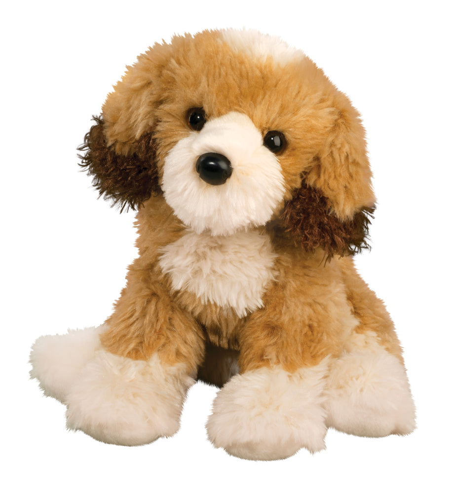 brown and white doodle mix pup stuffed animal