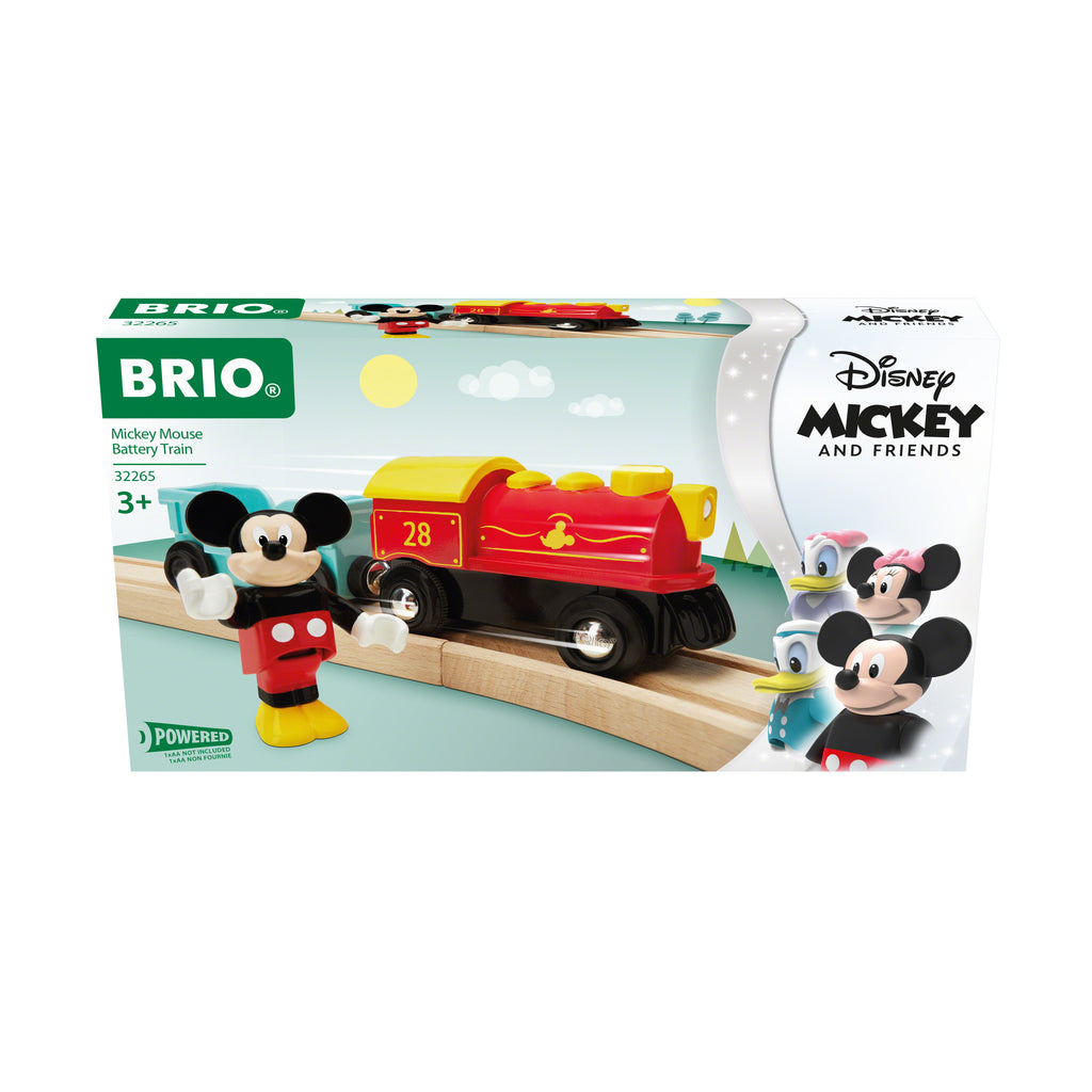 the box showing a red train engine and passenger car on a wooden track with a mickey mouse figure