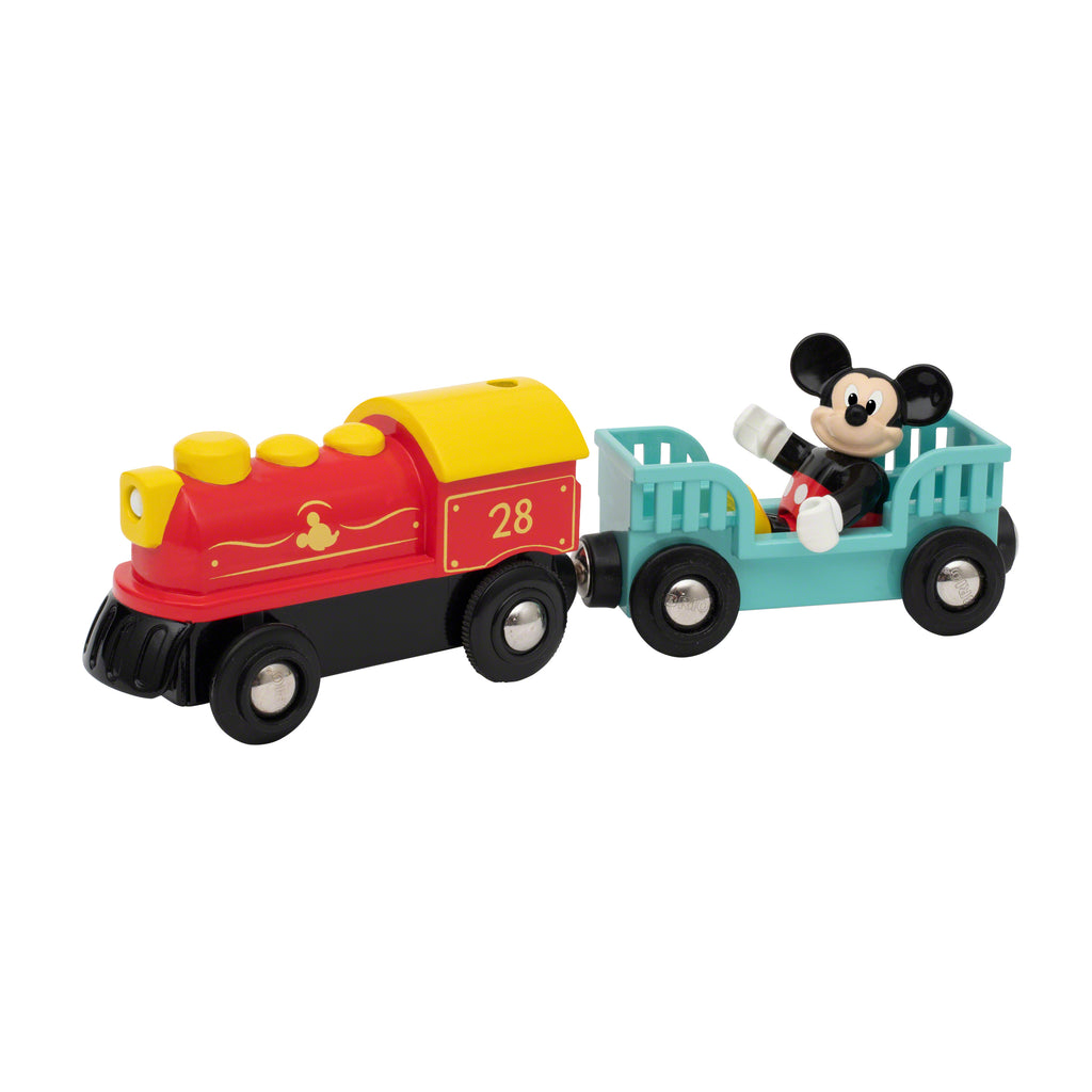 the red engine with mickey mouse in the attached passenger car