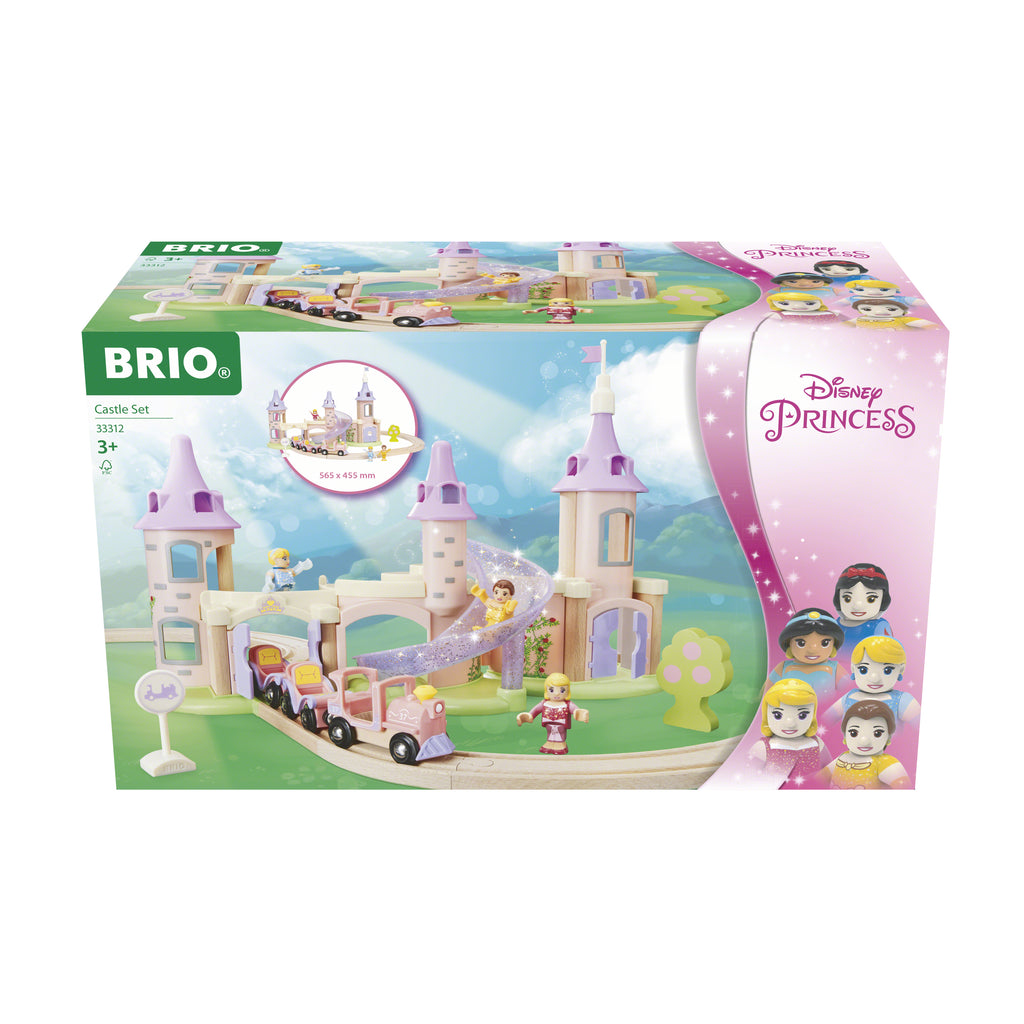 the box showing a wooden castle, train track, train, and princess figures