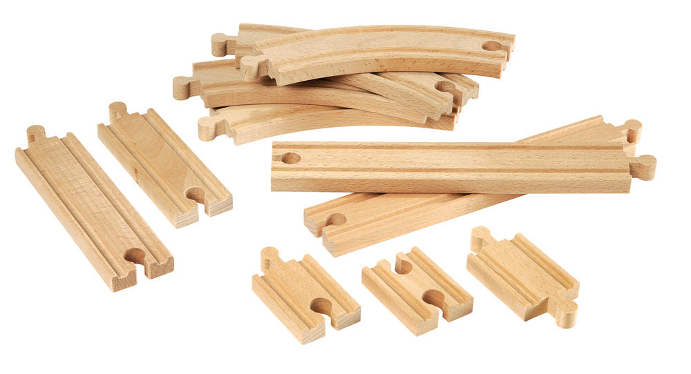 an assortment of wooden track pieces