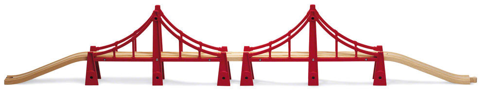 the red wooden suspension bridge