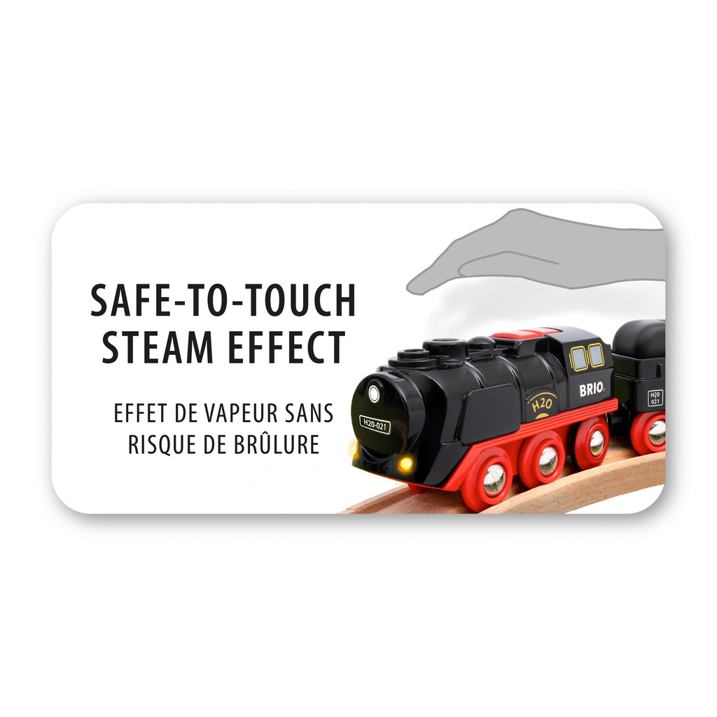 a graphic showing that the cool steam that comes out of the steam engine is safe to touch