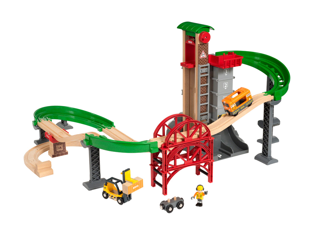 the complete set with track, bridge, storage containers, forklift, freight car, passenger car, and adjustable height warehouse