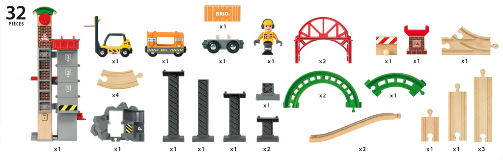 the 32 piece set includes the warehouse, operator, forklift, freight car, passenger car, track pieces, struts, and more