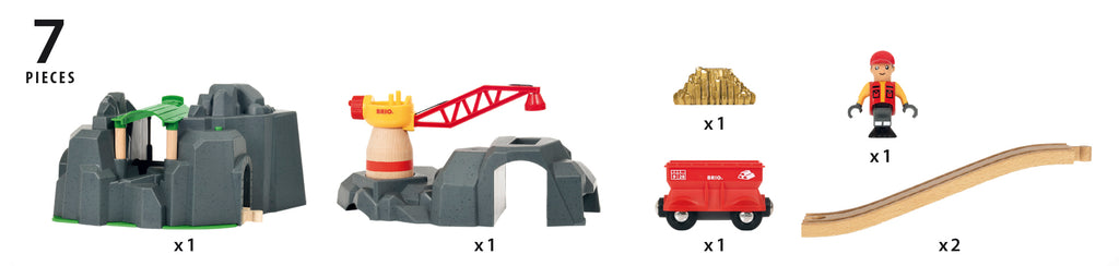 the 7 piece set comes with the mountain, crane, pile of gold, freight car, operater, and track