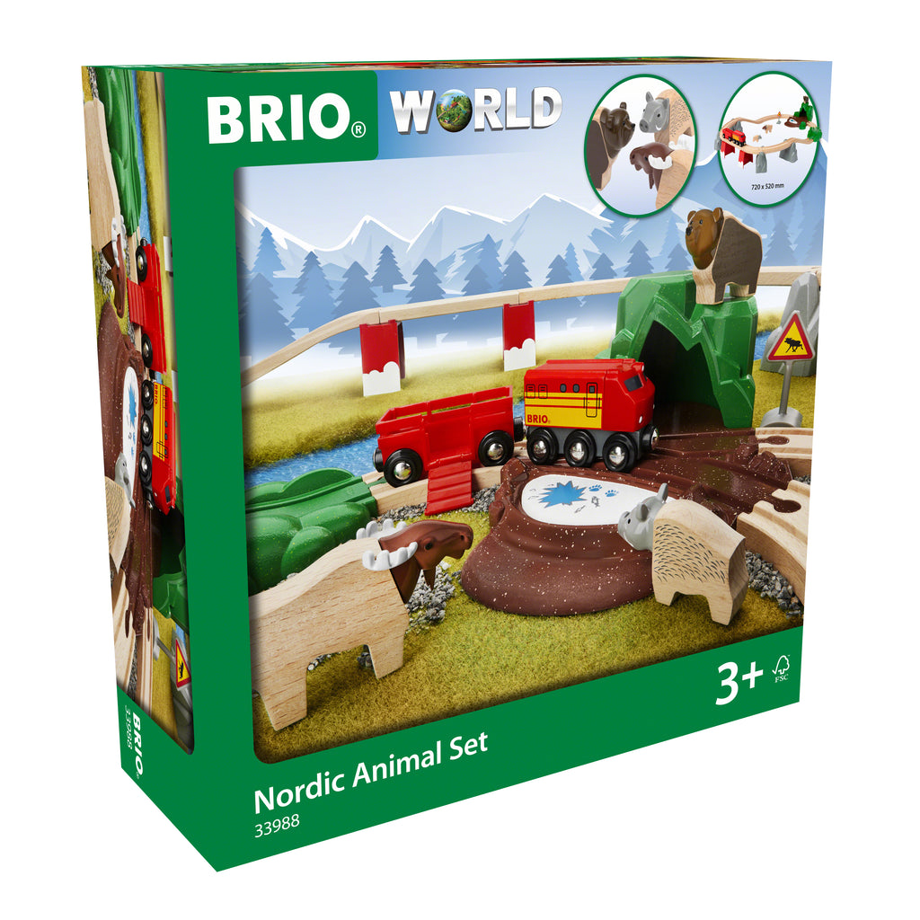 the package showing a wooden forest scene with animals, track, engine and animal transport car
