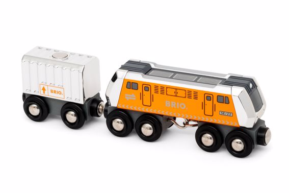 the orange and white engine and cargo car