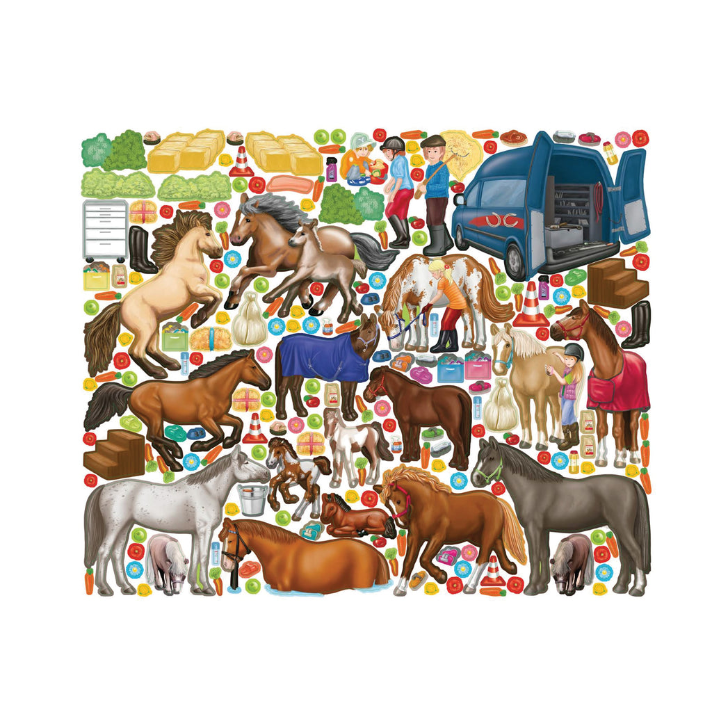 a sticker sheet with horses, riders, and more