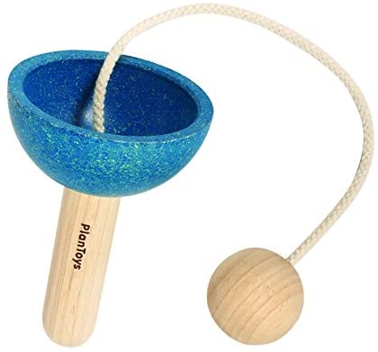 blue wooden cup and ball on string