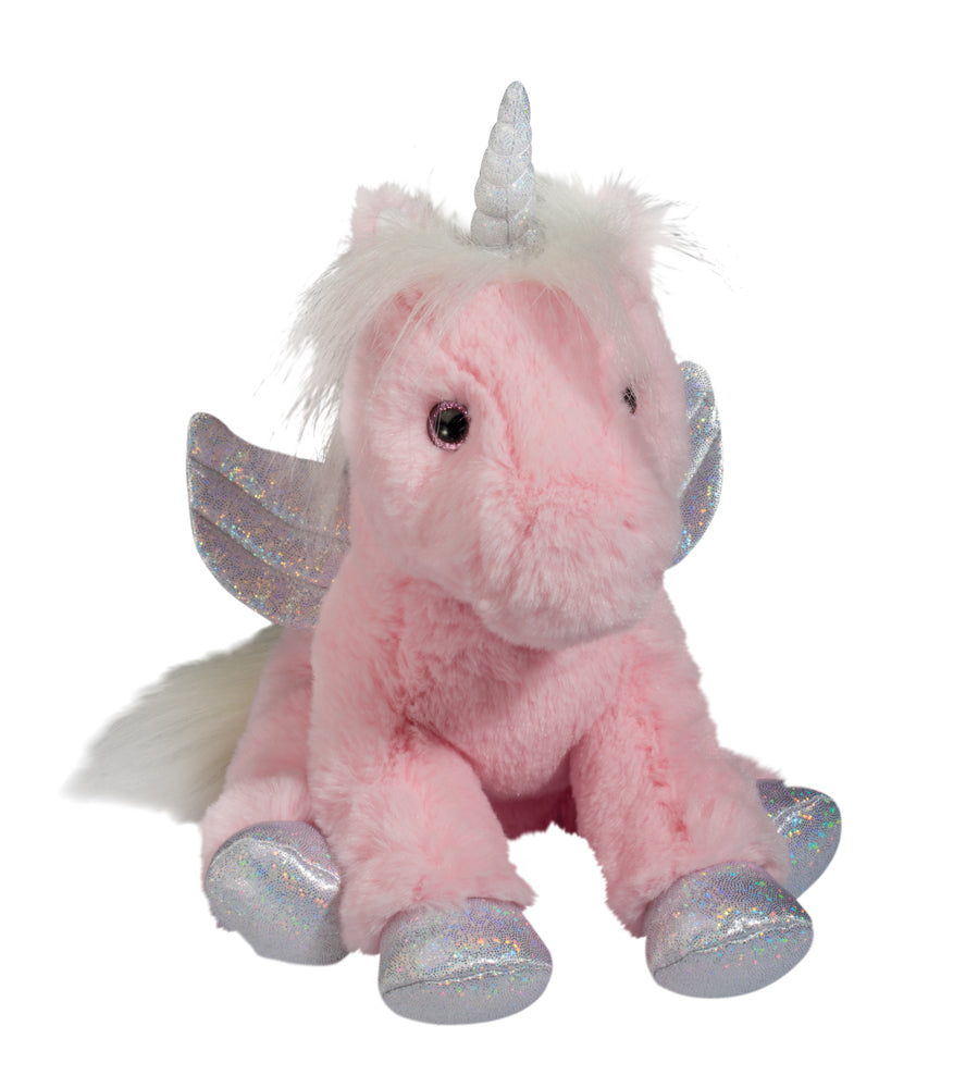 a pink unicorn stuffed toy with glittery wings and hooves