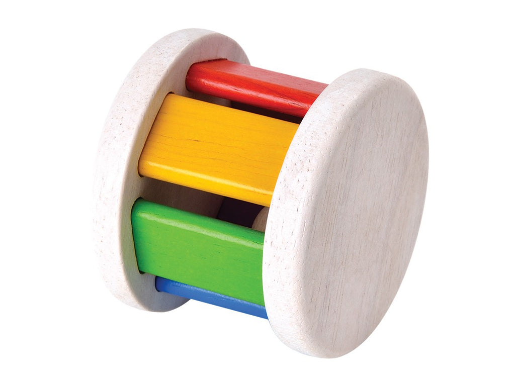 a wooden multicolored toy that rolls