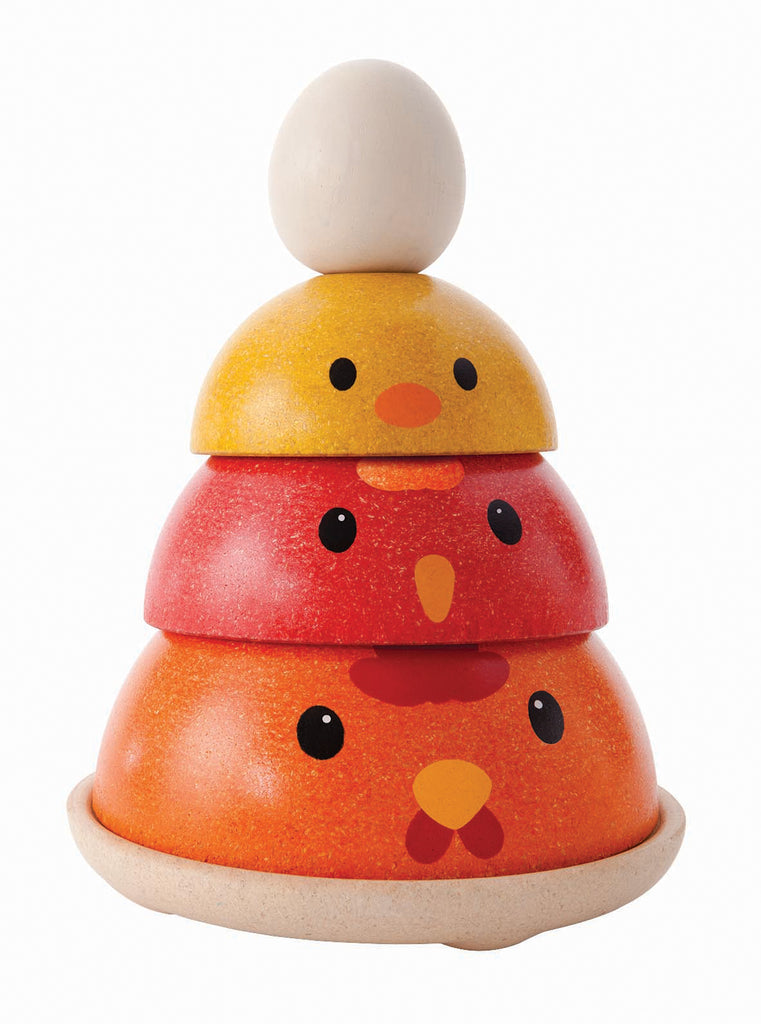 the wooden multicolored stackable chickens with a wooden egg on top