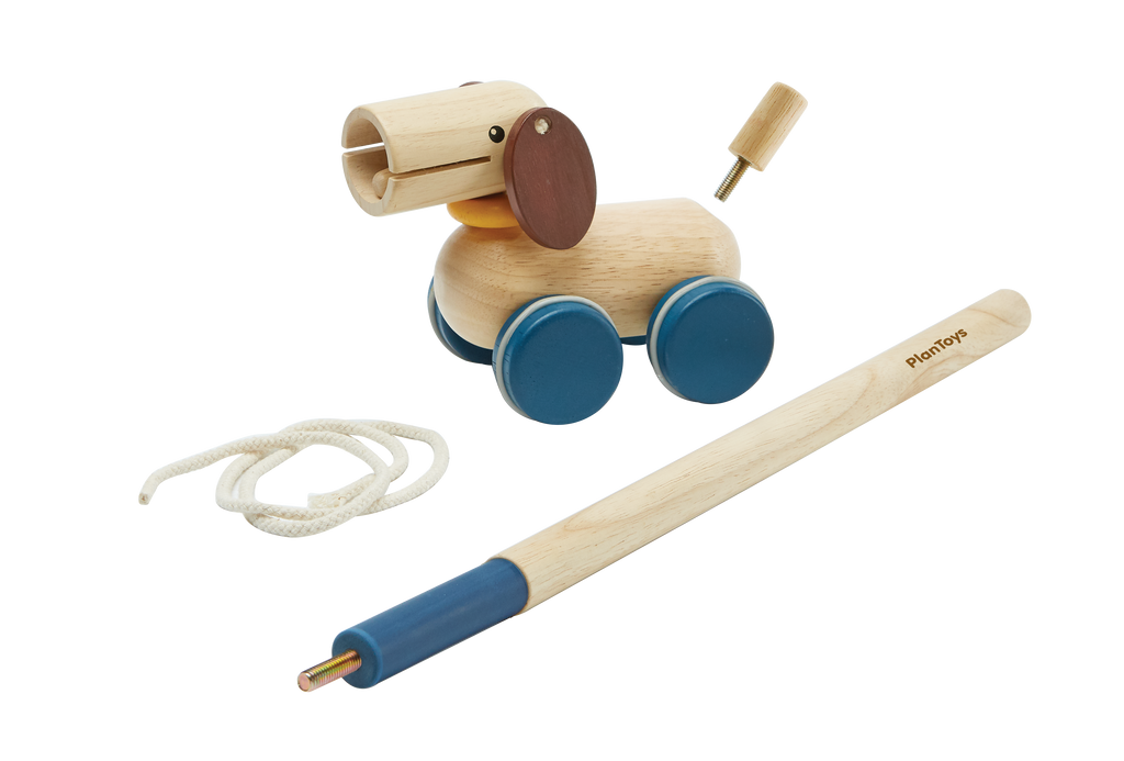 the wooden puppy with cord and wooden pole to push it