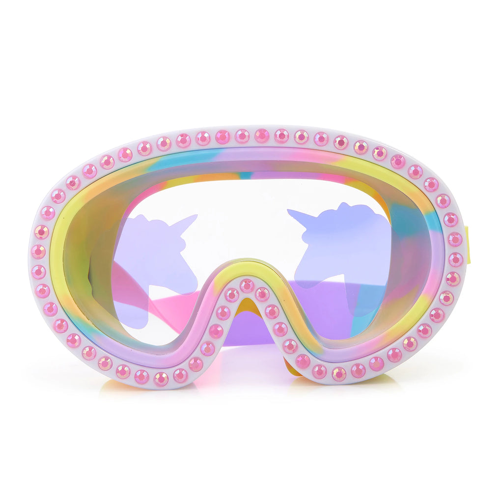 pink swim goggles with rhinestones and translucent unicorn heads on lens