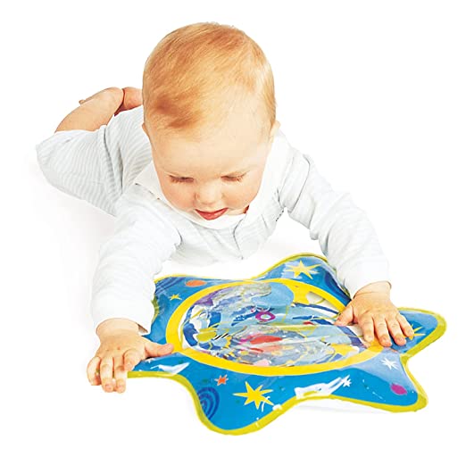 photo of  baby playing with blue star-shaped water-filled mat