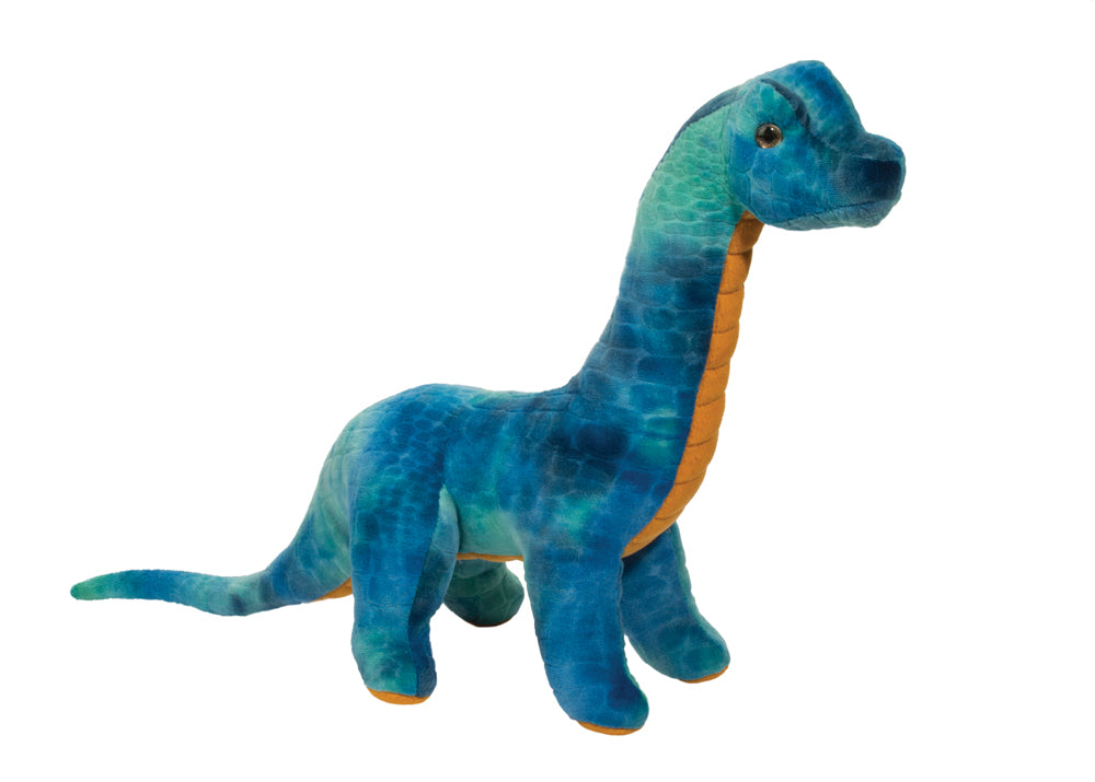 a blue and green brachiosaurus stuffed toy