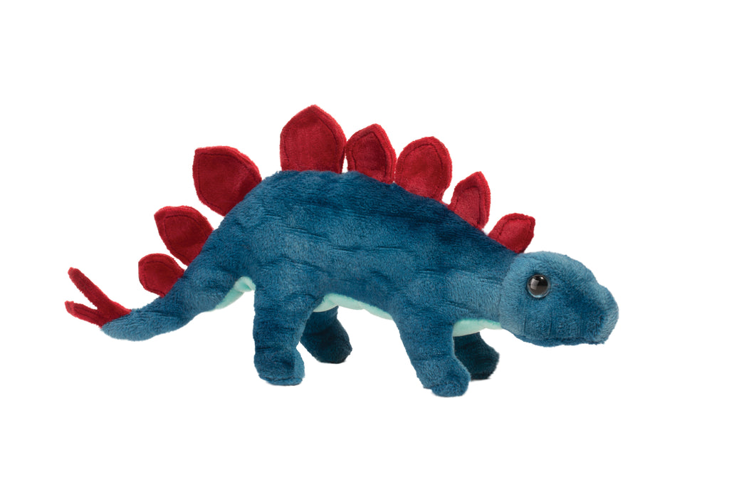 a blue stegosaurus stuffed toy with red bone plates on its back