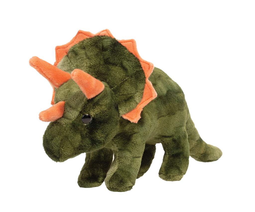 a green triceratops stuffed toy with orange horns