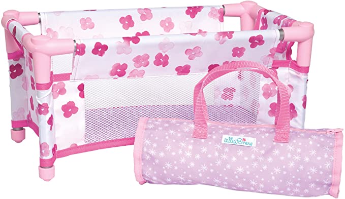 photo of pink flowered toy crib with pink carrying case 
