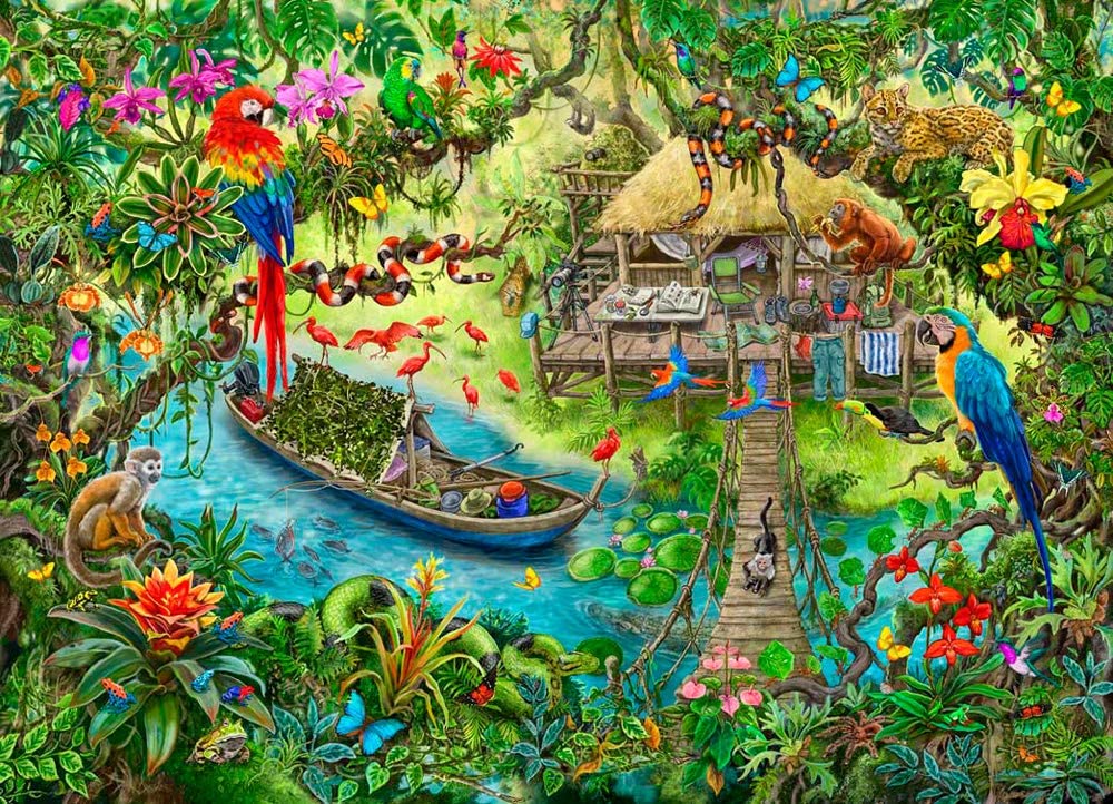 the puzzle showing a jungle scene with a jungle hut, river, and animals