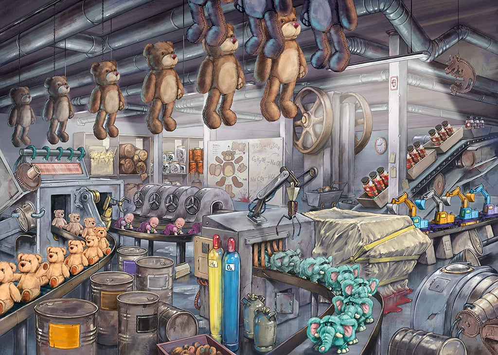 the puzzle art showing the inside of a toy factory where different types of toys are being made