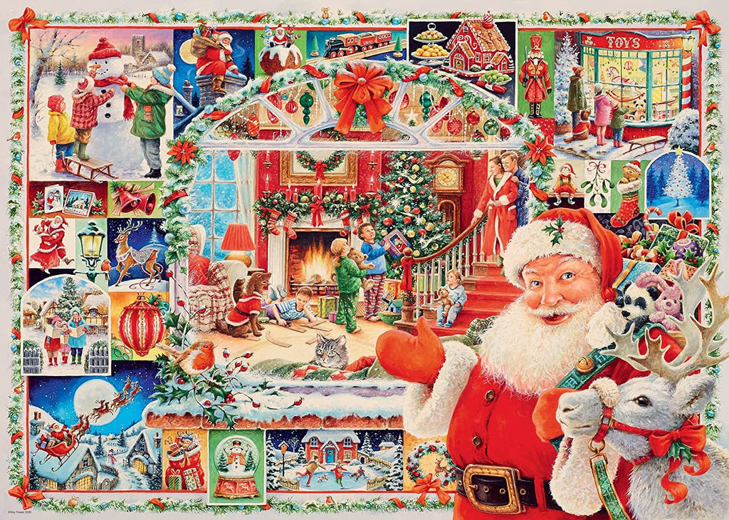 the puzzle art showing christmas scenes and santa claus