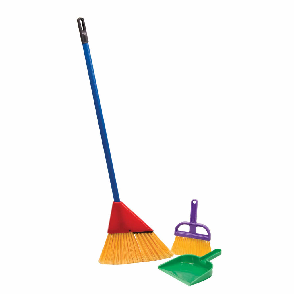 a broom, dustpan, and hand broom