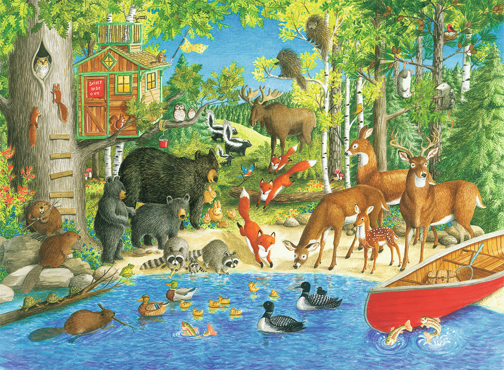the puzzle art showing various woodland creatures by a pond and a treehouse