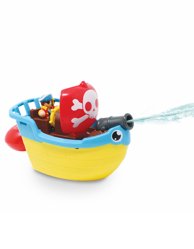 the yellow, blue, and red pirate ship shooting water out of its cannon