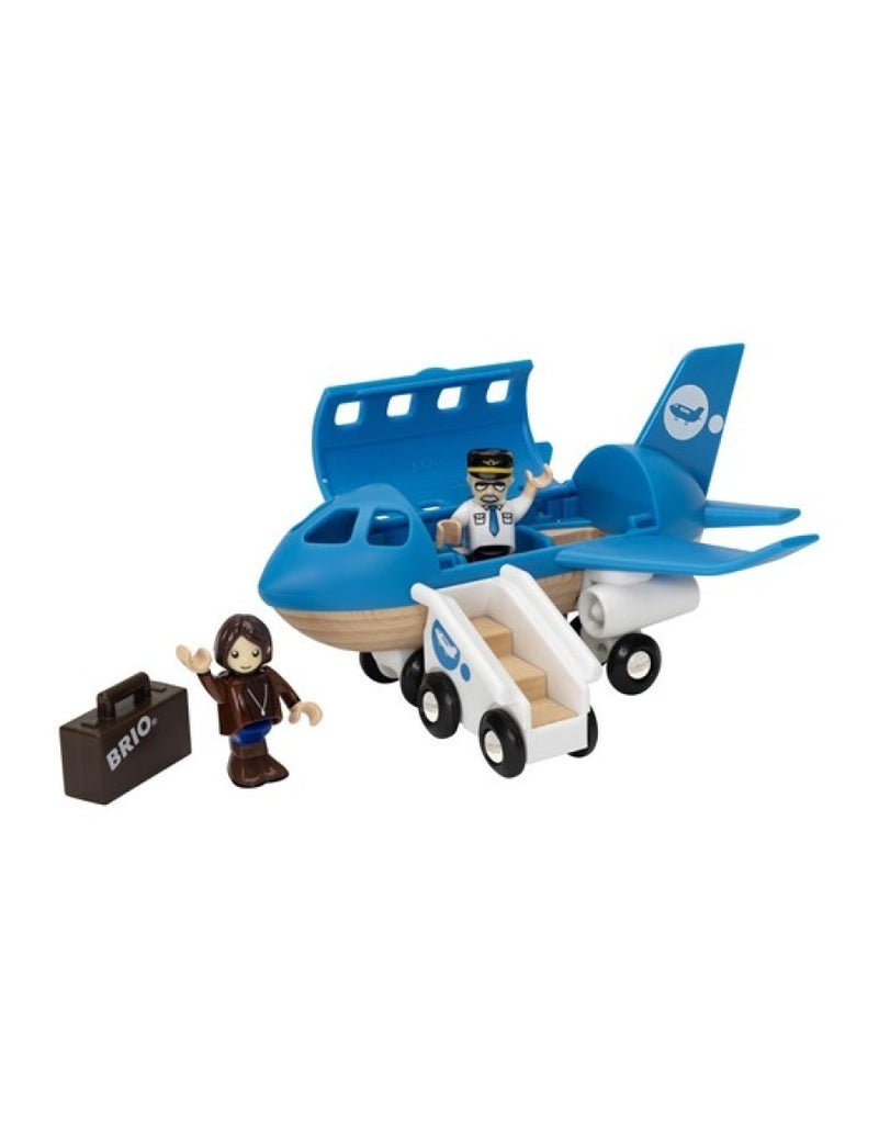 the plane with boarding stairs, pilot, passenger, and suitcase