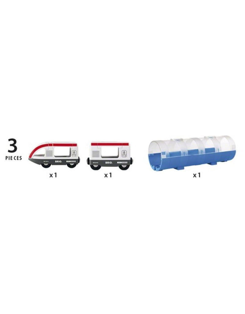 the set comes with three pieces: tunnel, and two piece train