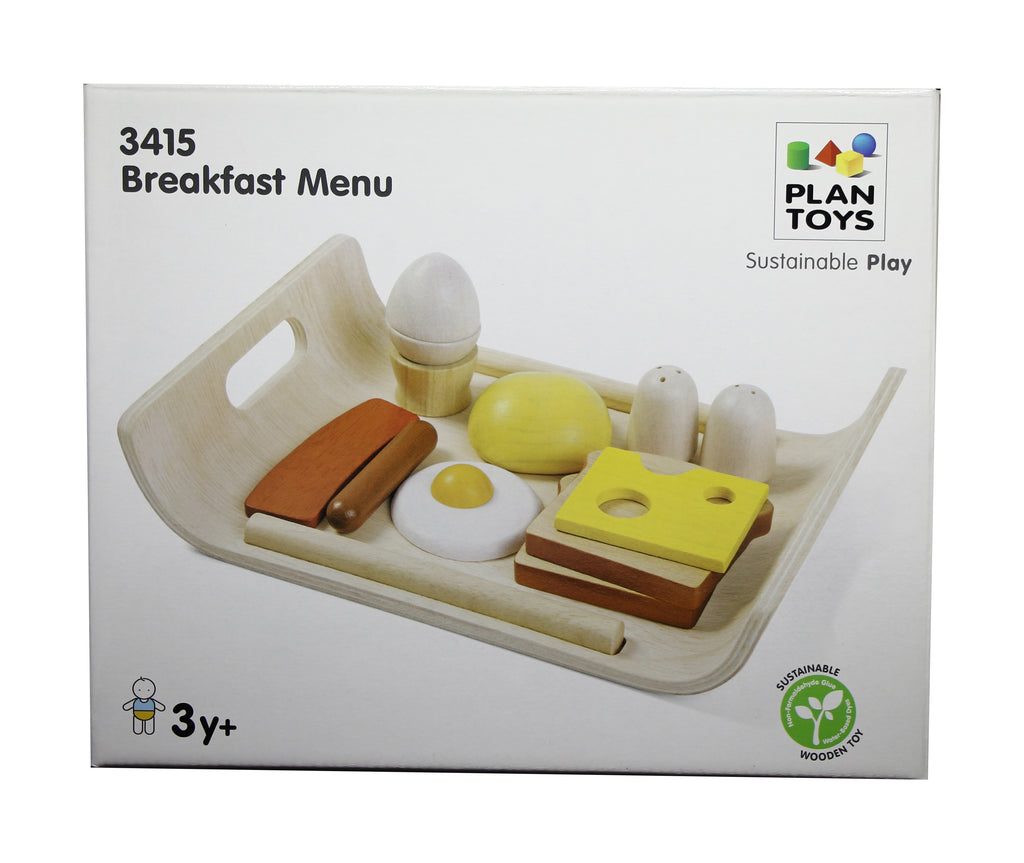 the box cover showing a tray and wooden egg, sausage, toast, cheese, salt and pepper shakers