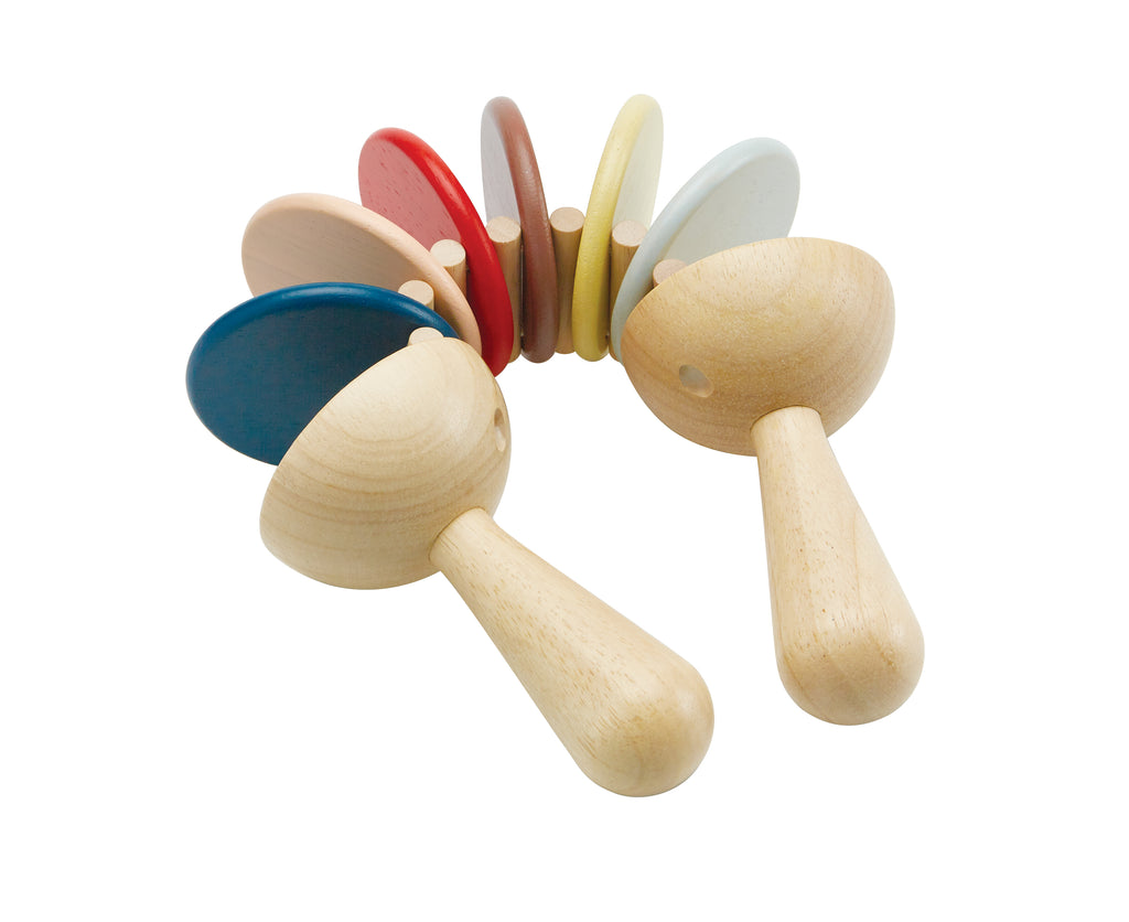 a colorful wooden noisemaker with wooden discs that clack against each other