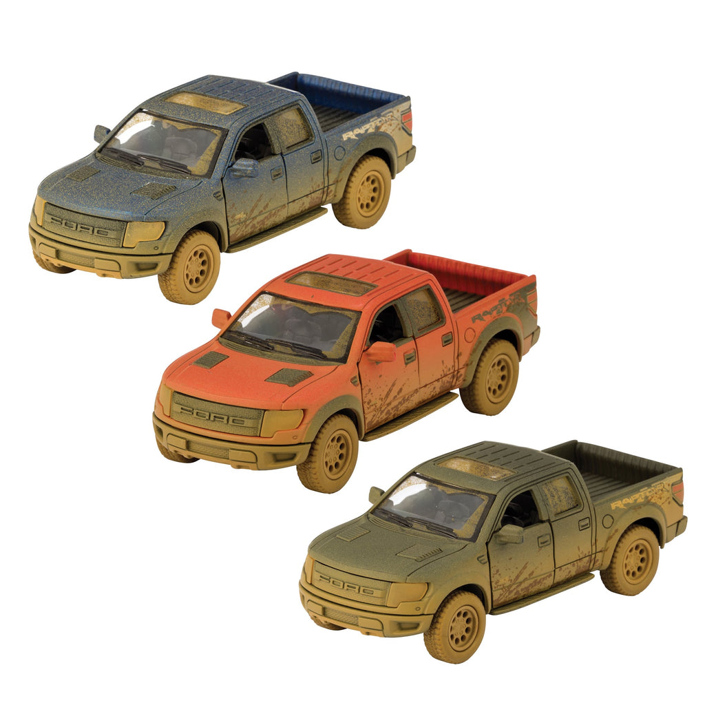 three muddy die cast f-150s in blue, red, and black