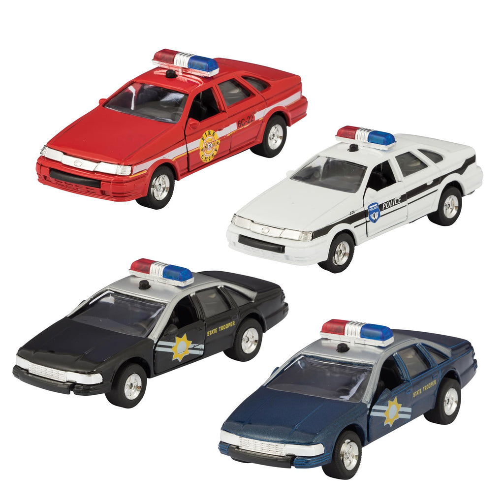 red, white, black, and blue diecast police cars