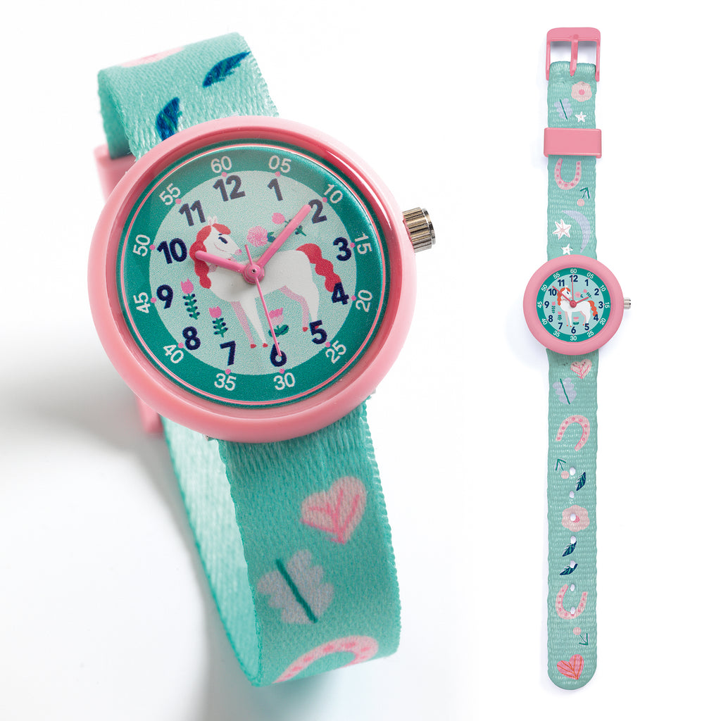 a turquoise watch with a horse on the face