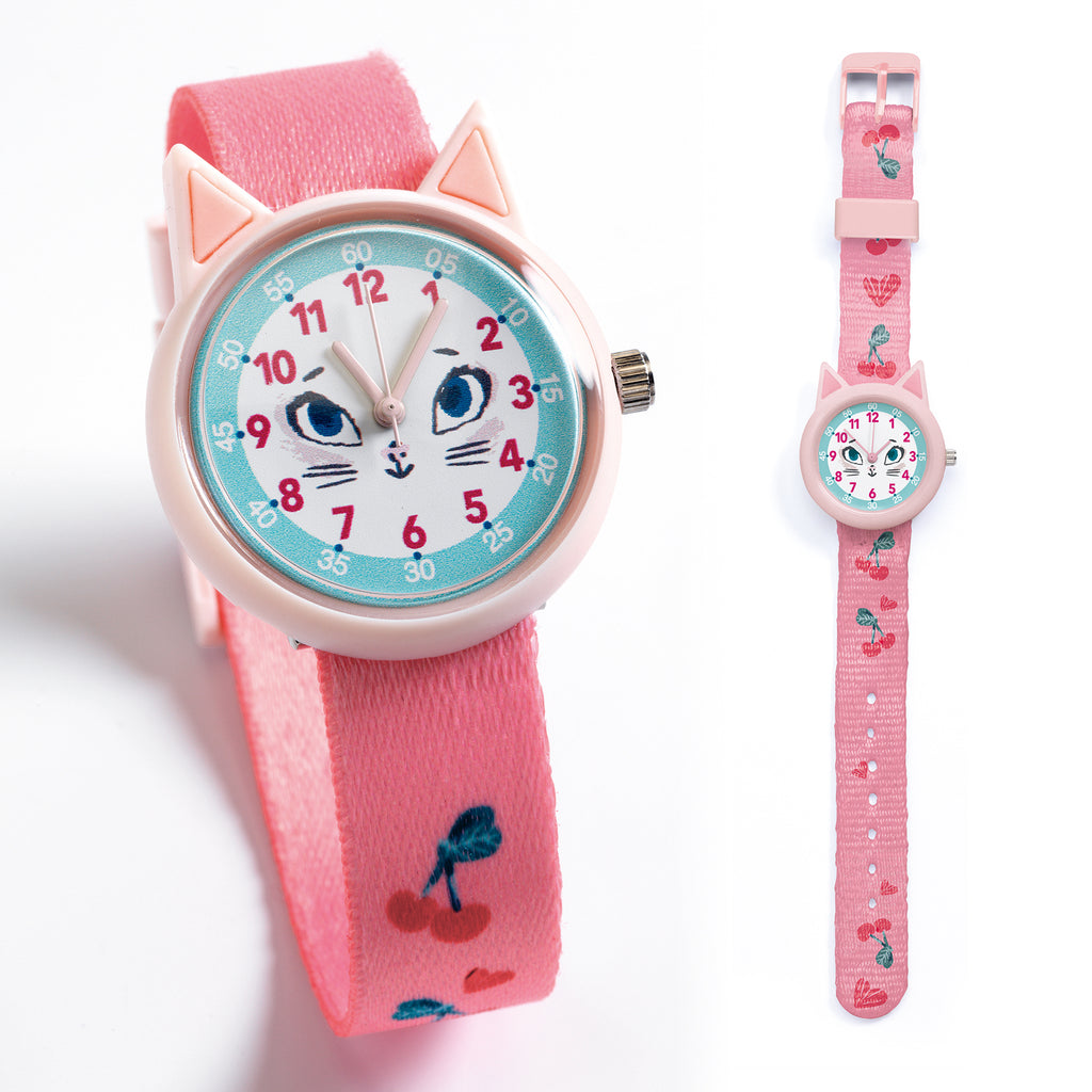 a pink watch with a cat's face