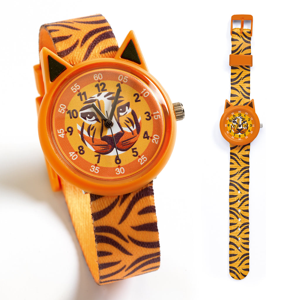 a black and orange watch with a tiger's face on the watch face