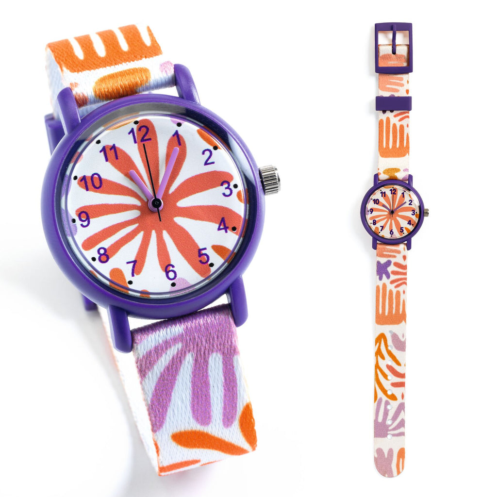 a colorful watch with an orange flower on the watch face